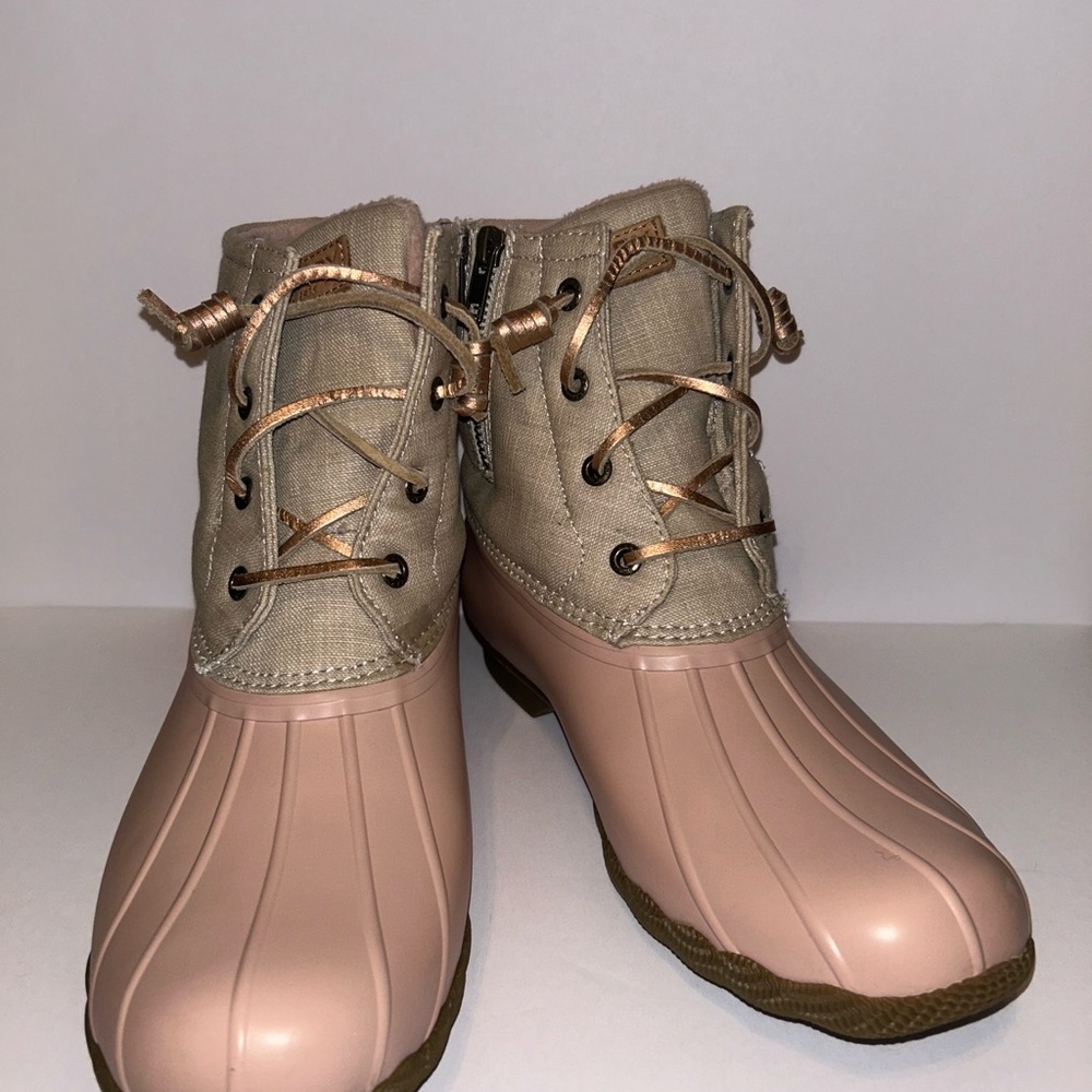Sperry Tan and Pink Duck Boots